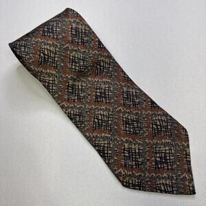 Vtg 90s Calvin Klein Collection Silk Tie Brown Geometric Abstract Plaid Italy